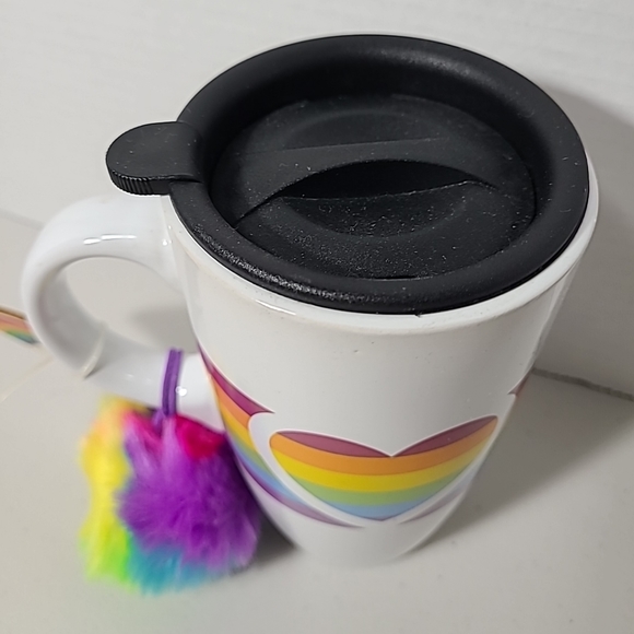 Rainbow Heart Ceramic Tumbler Travel Mug With Lid and Rainbow Pompom - Picture 2 of 8